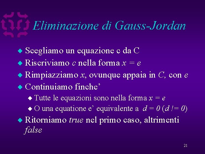 Eliminazione di Gauss-Jordan Scegliamo un equazione c da C u Riscriviamo c nella forma