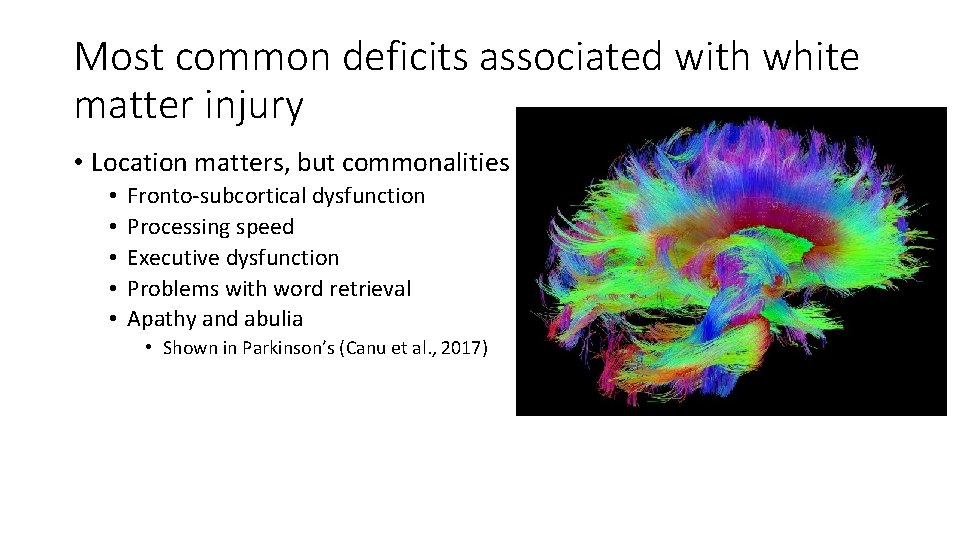 Most common deficits associated with white matter injury • Location matters, but commonalities •