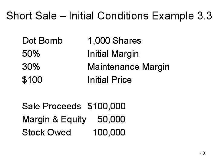 Short Sale – Initial Conditions Example 3. 3 Dot Bomb 50% 30% $100 1,