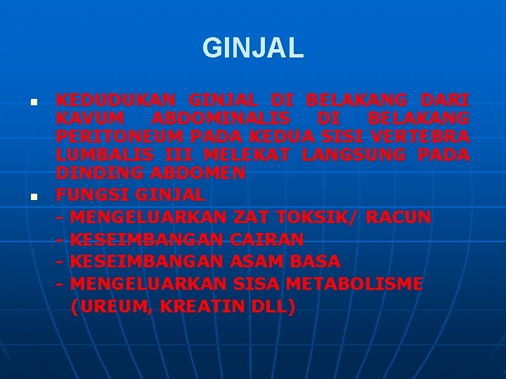GINJAL n n KEDUDUKAN GINJAL DI BELAKANG DARI KAVUM ABDOMINALIS DI BELAKANG PERITONEUM PADA GINJAL n n KEDUDUKAN GINJAL DI BELAKANG DARI KAVUM ABDOMINALIS DI BELAKANG PERITONEUM PADA
