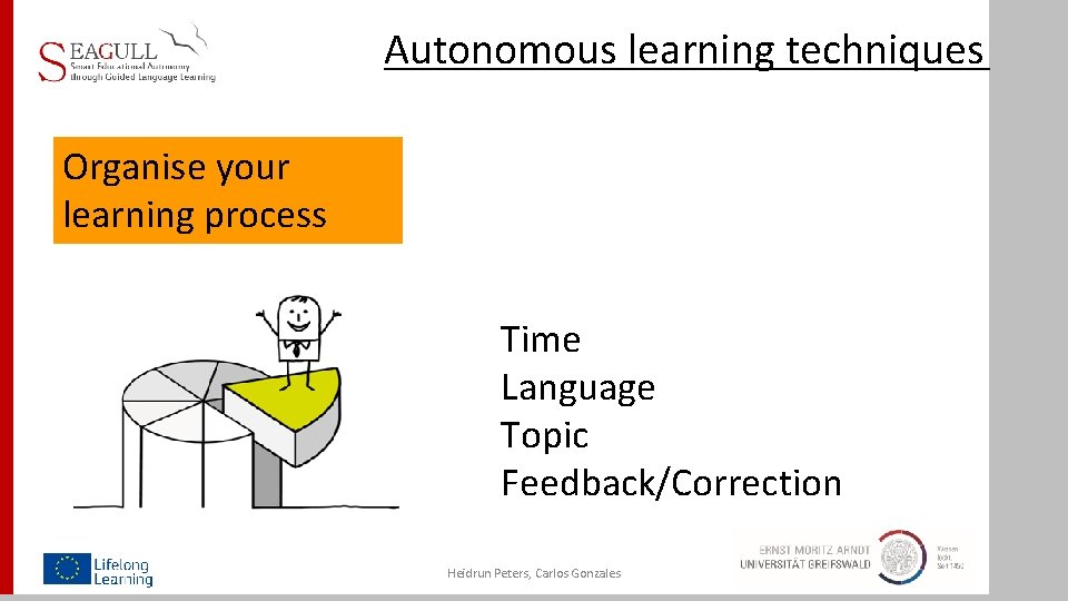 Autonomous learning techniques Organise your learning process Time Language Topic Feedback/Correction Heidrun Peters, Carlos