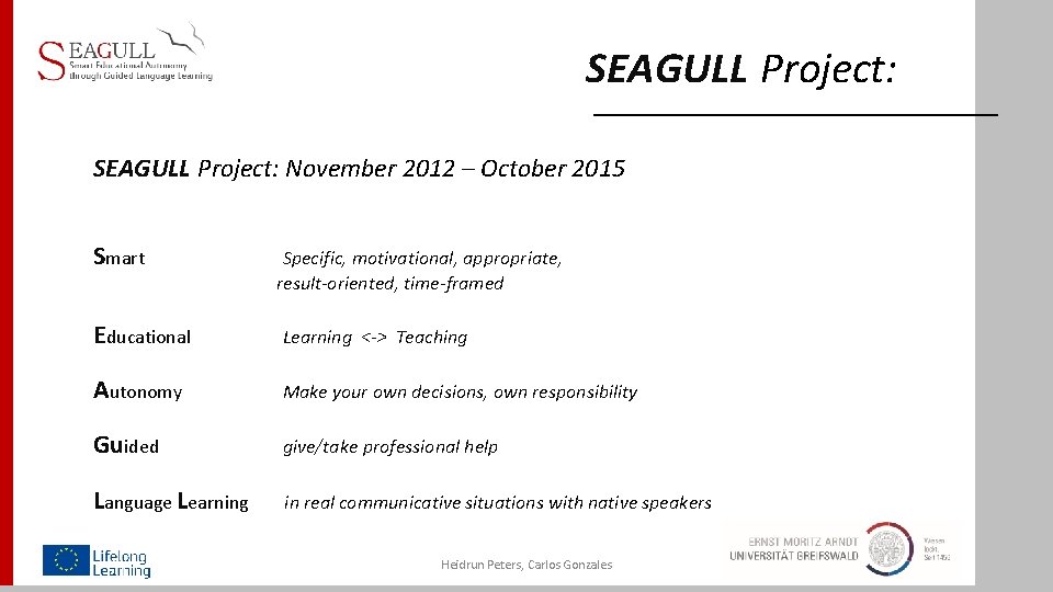 SEAGULL Project: November 2012 – October 2015 Smart Specific, motivational, appropriate, result-oriented, time-framed Educational