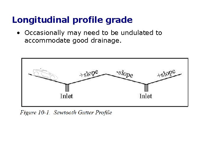Longitudinal profile grade • Occasionally may need to be undulated to accommodate good drainage. Longitudinal profile grade • Occasionally may need to be undulated to accommodate good drainage.