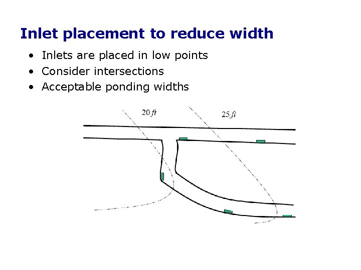 Inlet placement to reduce width • Inlets are placed in low points • Consider Inlet placement to reduce width • Inlets are placed in low points • Consider