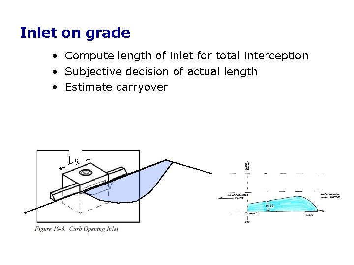 Inlet on grade • Compute length of inlet for total interception • Subjective decision Inlet on grade • Compute length of inlet for total interception • Subjective decision