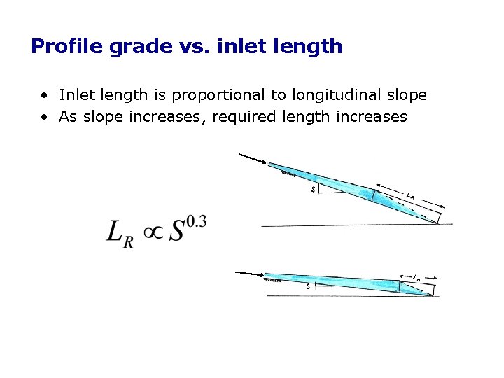 Profile grade vs. inlet length • Inlet length is proportional to longitudinal slope • Profile grade vs. inlet length • Inlet length is proportional to longitudinal slope •