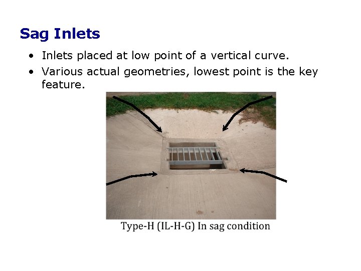 Sag Inlets • Inlets placed at low point of a vertical curve. • Various Sag Inlets • Inlets placed at low point of a vertical curve. • Various