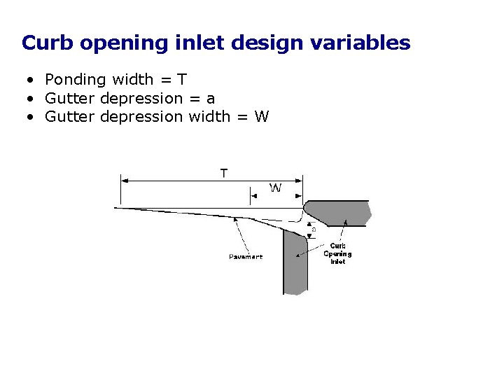 Curb opening inlet design variables • Ponding width = T • Gutter depression = Curb opening inlet design variables • Ponding width = T • Gutter depression =