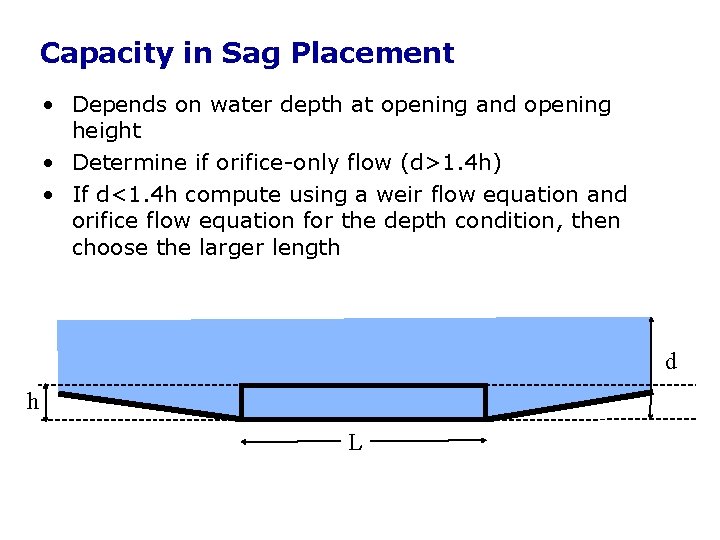 Capacity in Sag Placement • Depends on water depth at opening and opening height Capacity in Sag Placement • Depends on water depth at opening and opening height