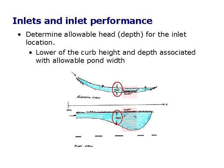 Inlets and inlet performance • Determine allowable head (depth) for the inlet location. • Inlets and inlet performance • Determine allowable head (depth) for the inlet location. •