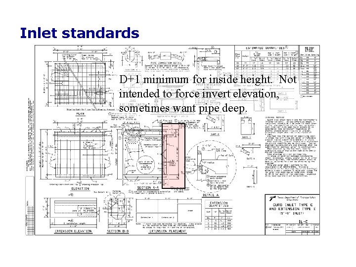 Inlet standards D+1 minimum for inside height. Not intended to force invert elevation, sometimes Inlet standards D+1 minimum for inside height. Not intended to force invert elevation, sometimes