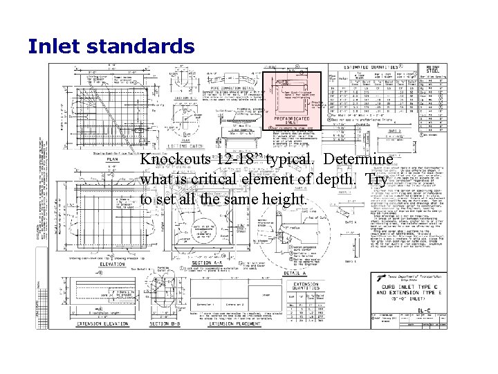 Inlet standards Knockouts 12 -18” typical. Determine what is critical element of depth. Try Inlet standards Knockouts 12 -18” typical. Determine what is critical element of depth. Try