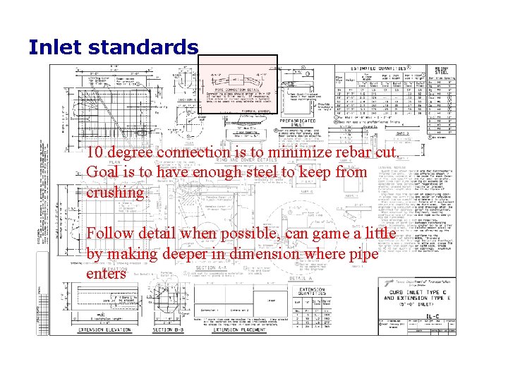 Inlet standards 10 degree connection is to minimize rebar cut. Goal is to have Inlet standards 10 degree connection is to minimize rebar cut. Goal is to have