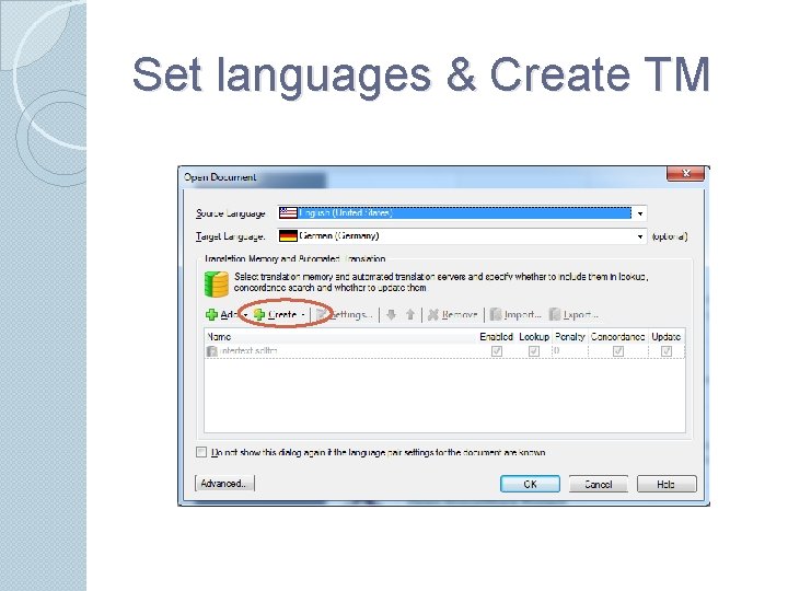 Set languages & Create TM 
