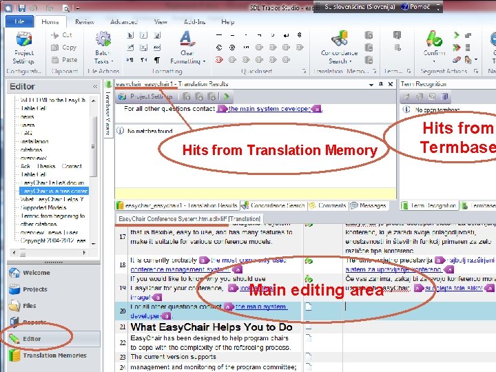 Hits from Translation Memory Main editing area Hits from Termbase 