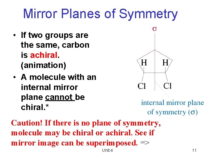 Mirror Planes of Symmetry • If two groups are the same, carbon is achiral