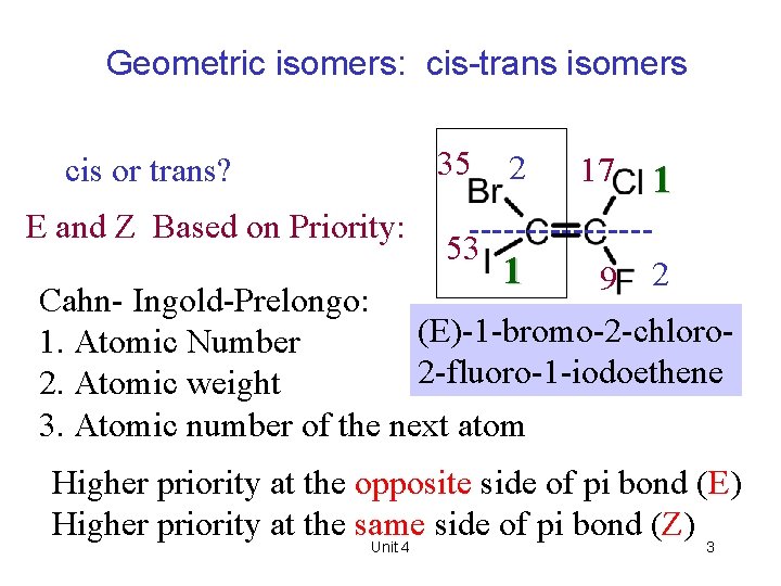 Geometric isomers: cis-trans isomers 35 cis or trans? E and Z Based on Priority: