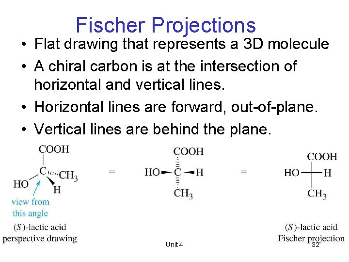 Fischer Projections • Flat drawing that represents a 3 D molecule • A chiral