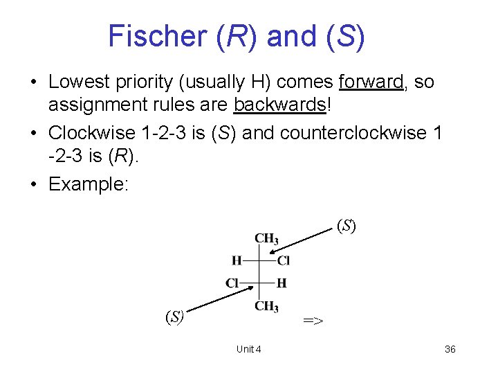 Fischer (R) and (S) • Lowest priority (usually H) comes forward, so assignment rules