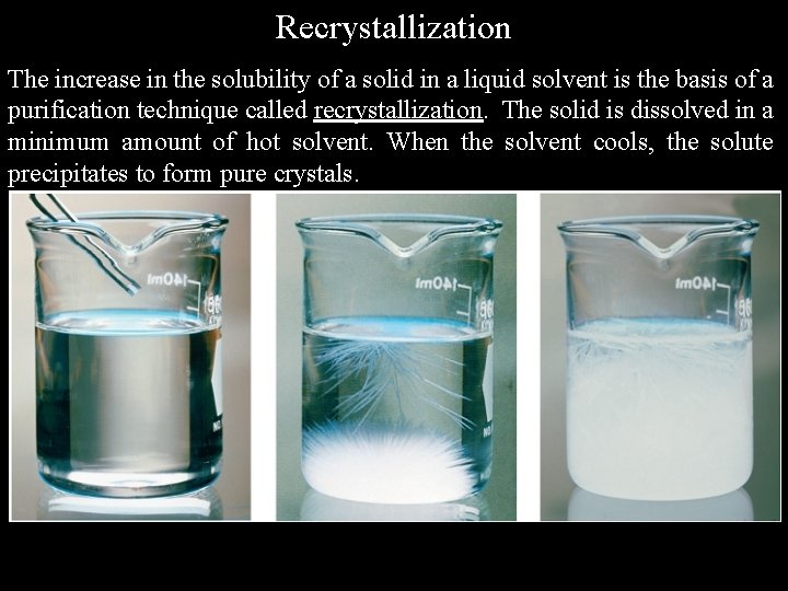Recrystallization The increase in the solubility of a solid in a liquid solvent is