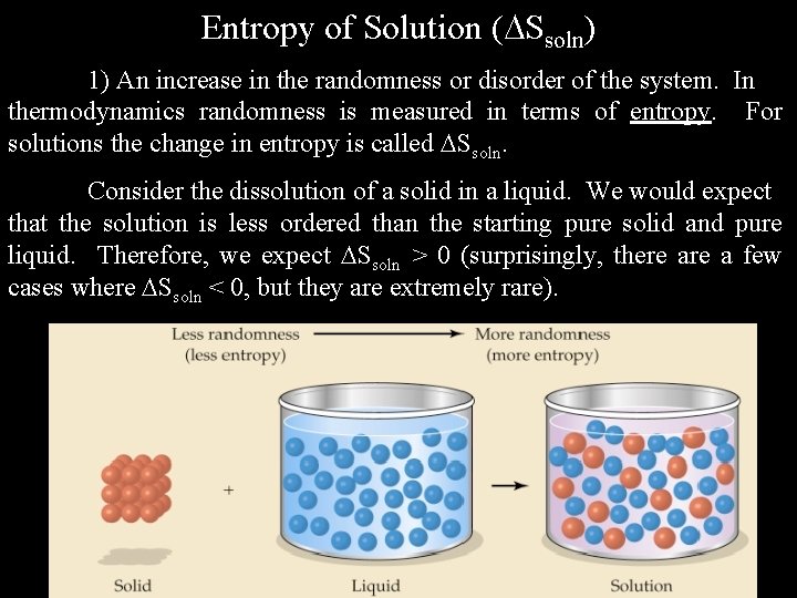 Entropy of Solution ( Ssoln) 1) An increase in the randomness or disorder of