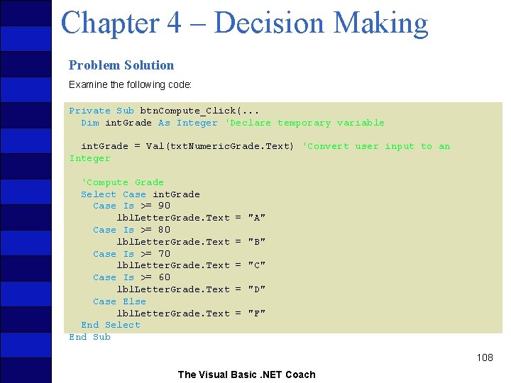 Chapter 4 – Decision Making Problem Solution Examine the following code: Private Sub btn.
