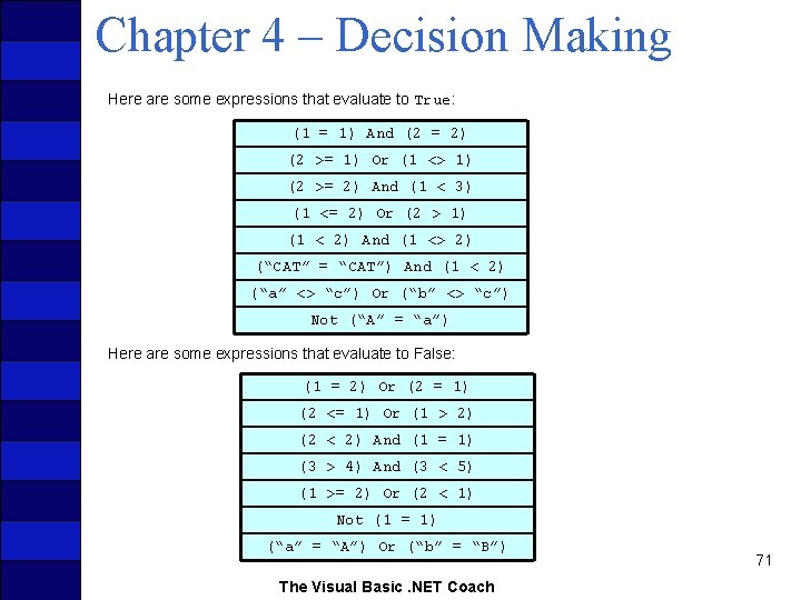 Chapter 4 – Decision Making Here are some expressions that evaluate to True: (1