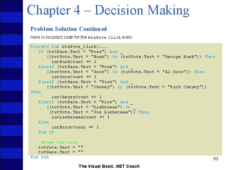 Chapter 4 – Decision Making Problem Solution Continued Here is incorrect code for the