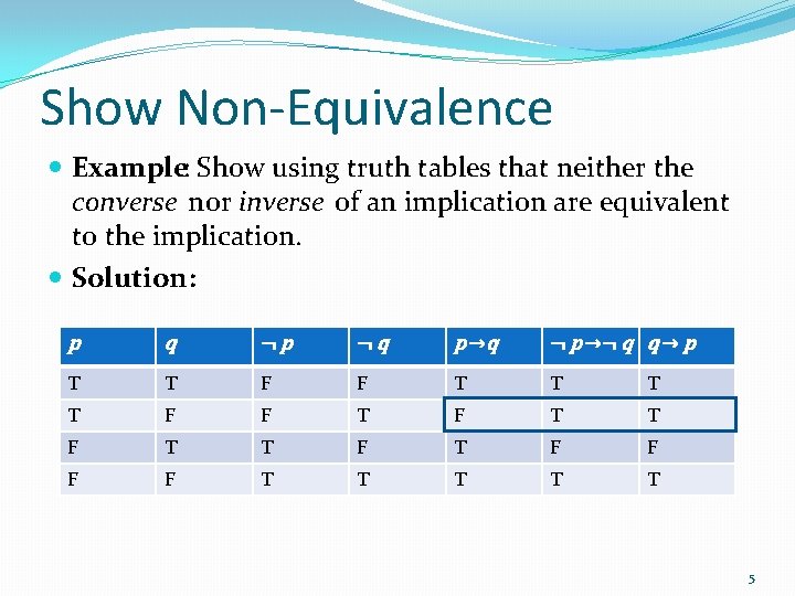 Show Non-Equivalence Example: Show using truth tables that neither the converse nor inverse of