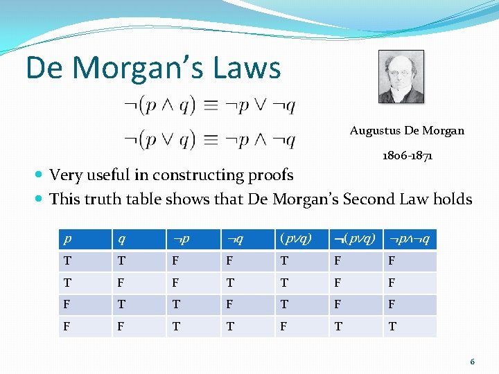 De Morgan’s Laws Augustus De Morgan 1806 -1871 Very useful in constructing proofs This