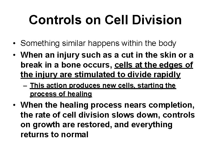 Controls on Cell Division • Something similar happens within the body • When an