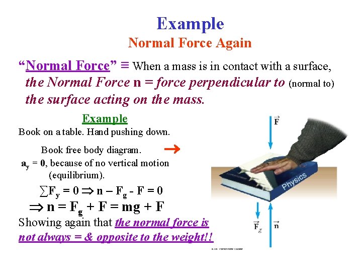 Example Normal Force Again “Normal Force” ≡ When a mass is in contact with