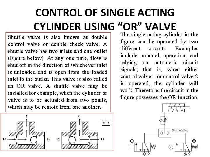 CONTROL OF SINGLE ACTING CYLINDER USING “OR” VALVE Shuttle valve is also known as