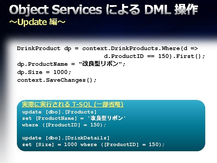 Object Services による DML 操作 ～Update 編～ Drink. Product dp = context. Drink. Products.