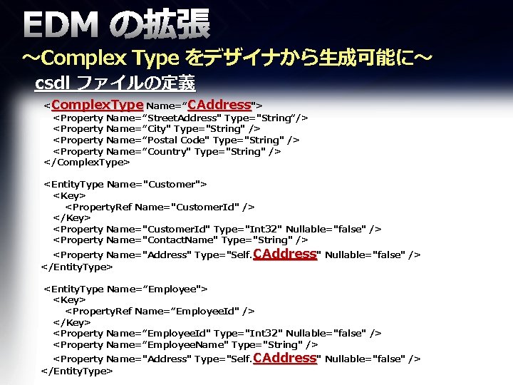 EDM の拡張 ～Complex Type をデザイナから生成可能に～ csdl ファイルの定義 <Complex. Type Name=“CAddress"> <Property Name=“Street. Address" Type="String“/>