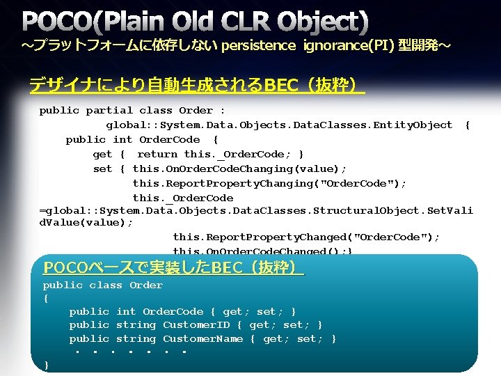 POCO(Plain Old CLR Object) ～プラットフォームに依存しない persistence ignorance(PI) 型開発～ デザイナにより自動生成されるBEC（抜粋） public partial class Order :