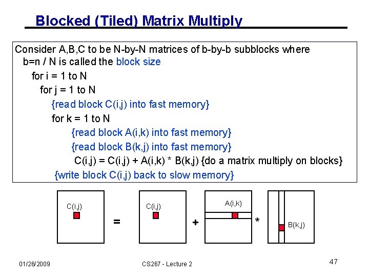 Blocked (Tiled) Matrix Multiply Consider A, B, C to be N-by-N matrices of b-by-b