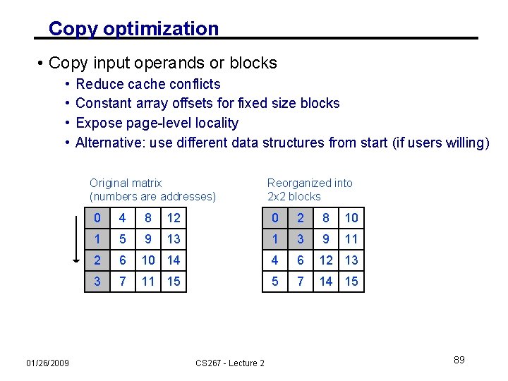 Copy optimization • Copy input operands or blocks • • Reduce cache conflicts Constant