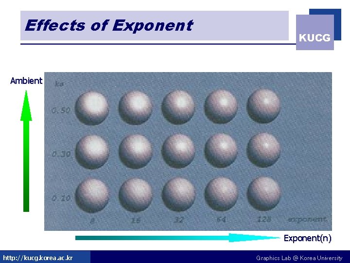 Effects of Exponent KUCG Ambient Exponent(n) http: //kucg. korea. ac. kr Graphics Lab @ Effects of Exponent KUCG Ambient Exponent(n) http: //kucg. korea. ac. kr Graphics Lab @