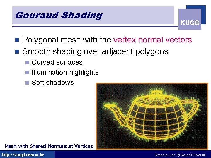 Gouraud Shading KUCG Polygonal mesh with the vertex normal vectors n Smooth shading over Gouraud Shading KUCG Polygonal mesh with the vertex normal vectors n Smooth shading over