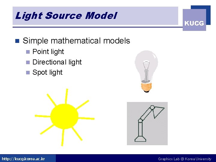Light Source Model n KUCG Simple mathematical models Point light n Directional light n Light Source Model n KUCG Simple mathematical models Point light n Directional light n