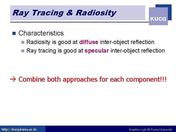 Ray Tracing & Radiosity n KUCG Characteristics Radiosity is good at diffuse inter-object reflection Ray Tracing & Radiosity n KUCG Characteristics Radiosity is good at diffuse inter-object reflection