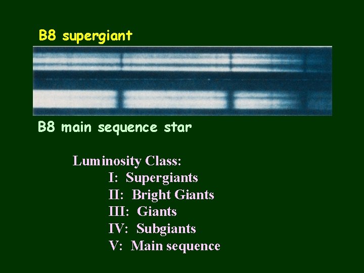 B 8 supergiant B 8 main sequence star Luminosity Class: I: Supergiants II: Bright