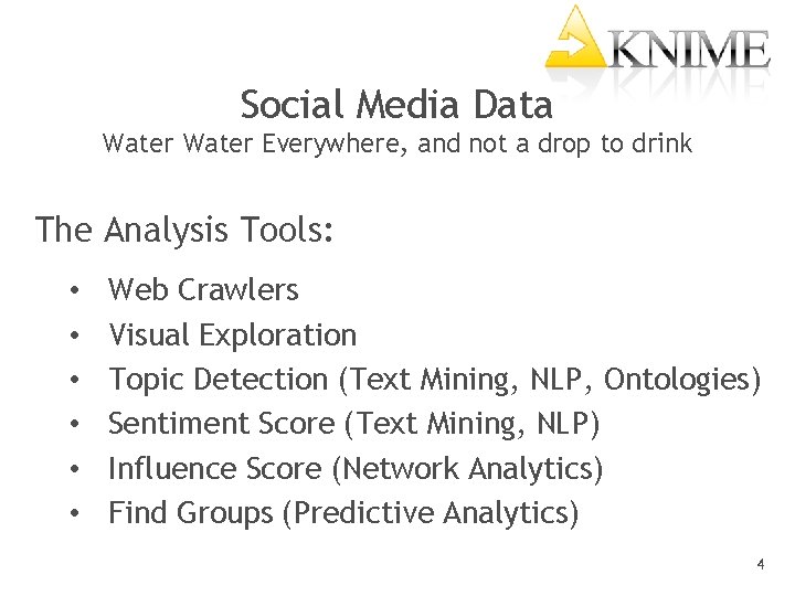 Social Media Data Water Everywhere, and not a drop to drink The Analysis Tools: