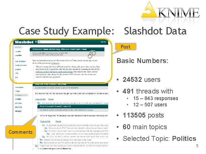 Case Study Example: Slashdot Data Post Basic Numbers: • 24532 users • 491 threads