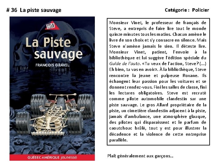 # 36 La piste sauvage Catégorie : Policier Monsieur Vinet, le professeur de français