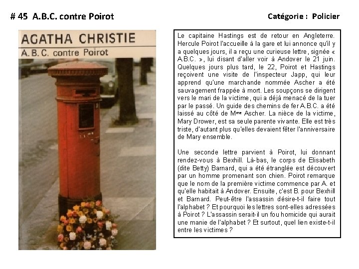 # 45 A. B. C. contre Poirot Catégorie : Policier Le capitaine Hastings est