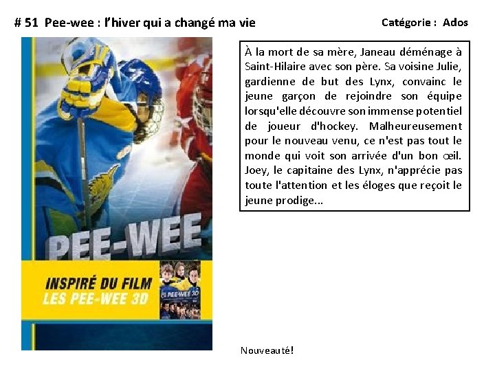 # 51 Pee-wee : l’hiver qui a changé ma vie Catégorie : Ados À