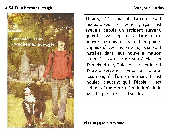 # 54 Cauchemar aveugle Catégorie : Ados Thierry, 14 ans et Lumino sont inséparables