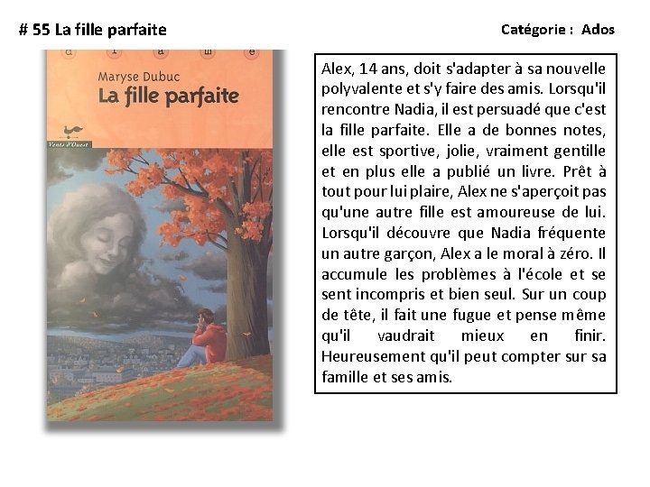 # 55 La fille parfaite Catégorie : Ados Alex, 14 ans, doit s'adapter à